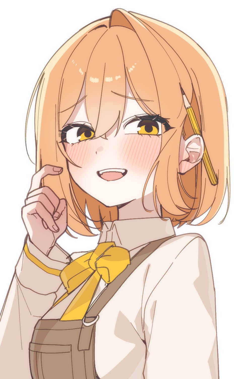 moonb3702, tia (black survival), black survival, eternal return: black survival, commentary request, highres, korean commentary, 1girl, alternate hair length, alternate hairstyle, apron, blush, bow, bowtie, brown apron, collared shirt, double-parted bangs, hair between eyes, hand up, long bangs, looking at viewer, open mouth, orange hair, pencil behind ear, raised inner eyebrows, shirt, simple background, single hair intake, smile, solo, upper body, white background, white shirt, wing collar, yellow bow, yellow bowtie, yellow eyes