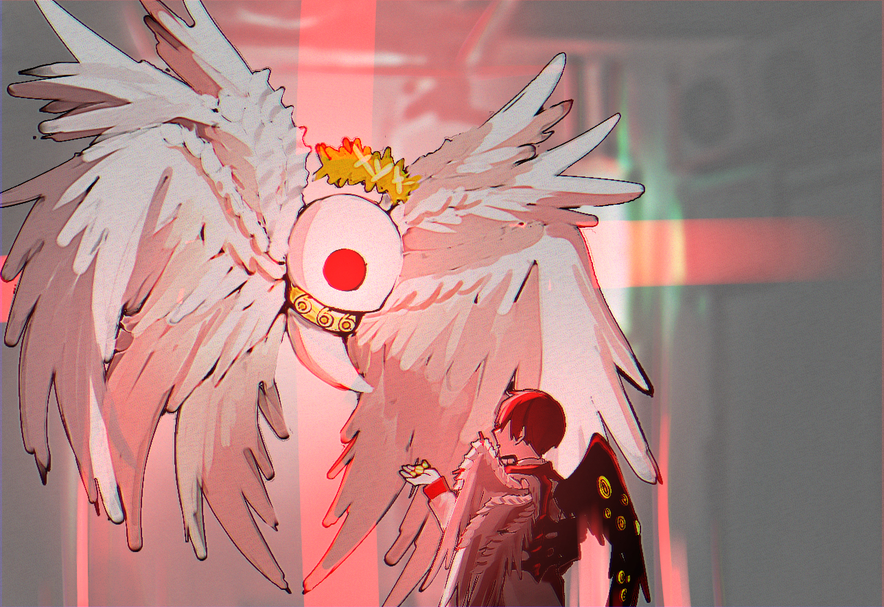 employee (project moon), nugget (project moon), whitenight (project moon), lobotomy corporation, project moon, 1boy, 779 nnk, angel, angel wings, black wings, blurry, blurry background, candy, collar, creature, e.g.o (project moon), feathered wings, food, from behind, giving, halo, holding, holding candy, holding food, indoors, multiple wings, paradise lost (e.g.o), red hair, seraph, short hair, single wing, twilight (e.g.o), white wings, wings