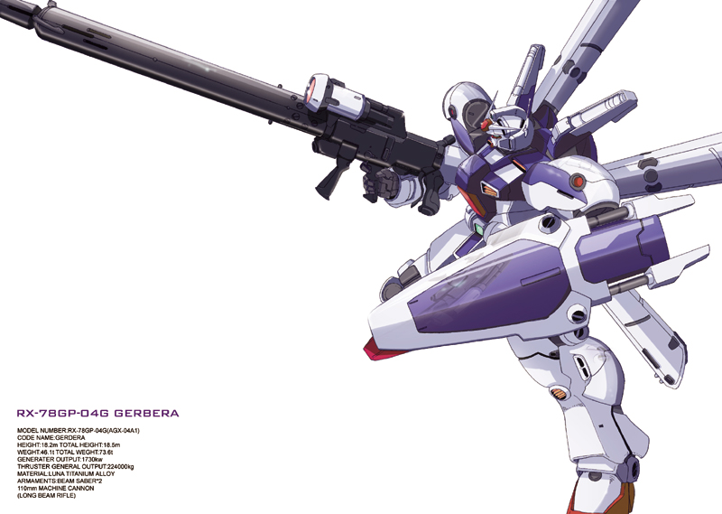 gundam gp-04 gerbera, gundam, gundam 0083, 1990s (style), armor, helmet, machinery, mecha, no humans, retro artstyle, robot, shield, weapon
