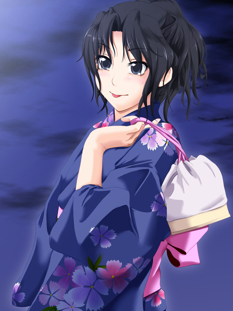 ichirou, tanamachi kaoru, amagami, bad id, bad pixiv id, black eyes, black hair, curly hair, japanese clothes, solo, tongue, wavy hair