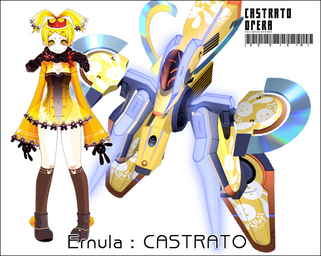 sogabe shuuji, takayama mizuki, ernula, senkou no ronde, antenna hair, blonde hair, boots, mecha, robot, short hair, skirt, smile, solo, thighhighs, twintails, yellow eyes