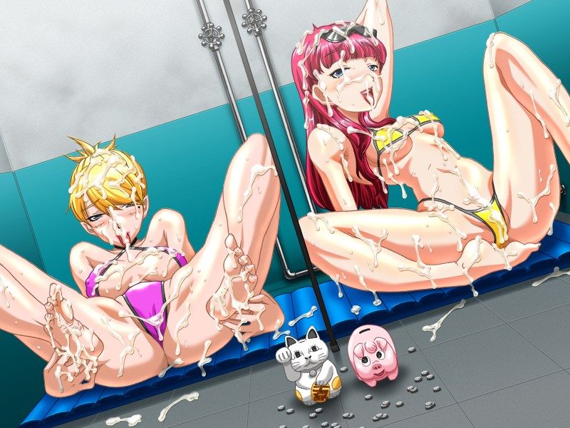 fuwa daisuke, sakuragi megu, shiomi madoka, perfect hole, game cg, 2girls, arm behind head, arm support, barefoot, bikini, blonde hair, blush, breasts, breasts apart, bukkake, coin, cum, cum on body, cum on breasts, cum on hair, cum on lower body, cum on upper body, dutch angle, facial, feet, female focus, indoors, knee up, legs up, maneki-neko, medium breasts, micro bikini, multiple girls, on floor, open mouth, piggy bank, pink bikini, pink hair, prostitution, reclining, same-sex bathing, shared bathing, short hair, shower (place), small breasts, soles, sunglasses on head, sweat, swimsuit, tile floor, tiles, toes, tongue, tongue out, underboob, yellow bikini