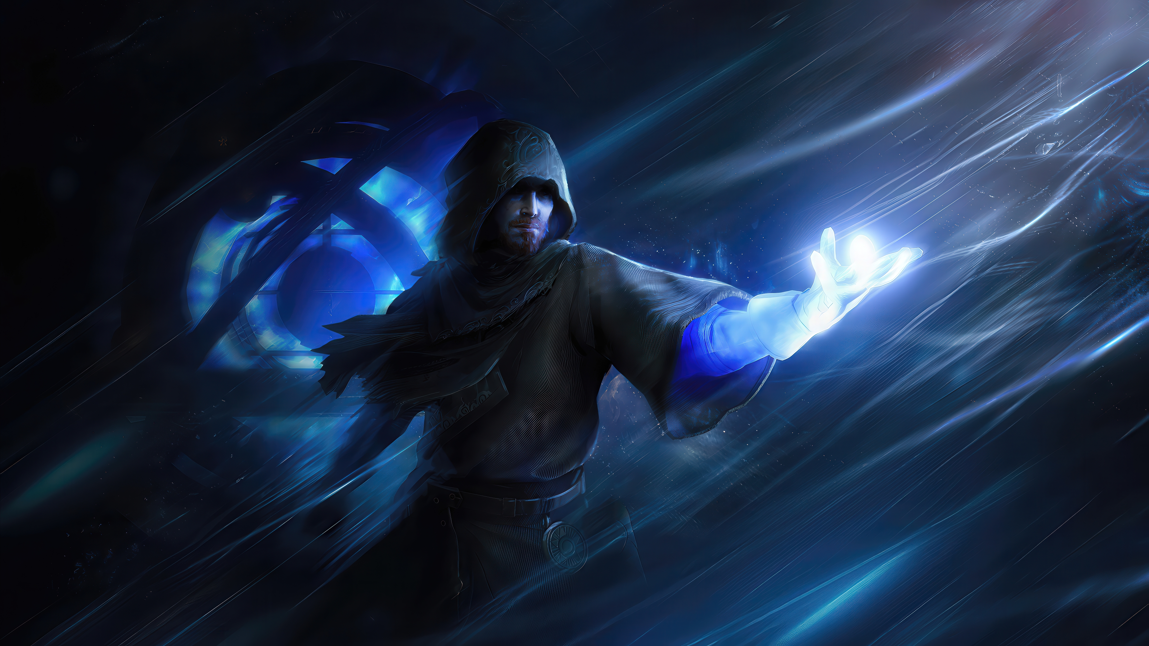 path of exile, absurdres, highres, non-web source, blue theme, dark, magic, male focus, solo