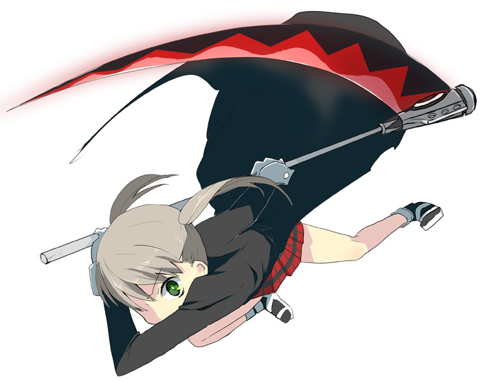 ecocube, eka eri, maka albarn, soul eater, 00s, 1girl, blonde hair, female focus, green eyes, holding, holding weapon, long sleeves, looking back, polearm, scythe, simple background, solo, twintails, weapon, white background