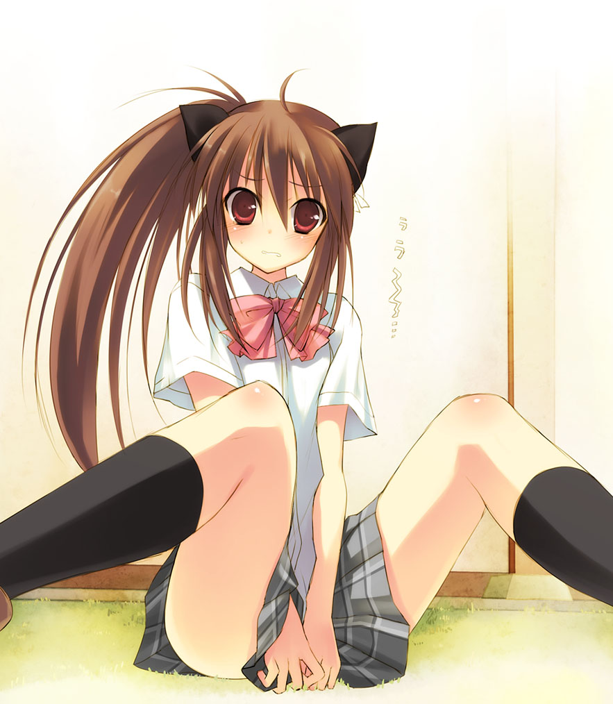 toranosuke, natsume rin, little busters!, bad id, bad pixiv id, 1girl, bow, brown hair, female focus, kneehighs, long hair, m legs, no panties, pink bow, plaid clothes, plaid skirt, ponytail, red eyes, ribbon, school uniform, sitting, skirt, socks, solo, spread legs