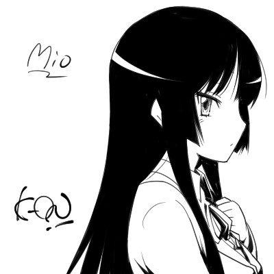 hairu, akiyama mio, k-on!, lowres, 00s, 1girl, blunt bangs, female focus, greyscale, hime cut, monochrome, school uniform, simple background, solo