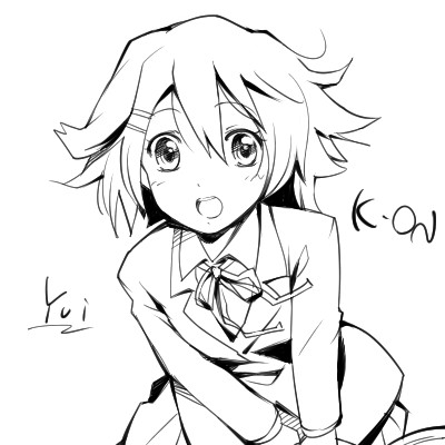 hairu, hirasawa yui, k-on!, lowres, 00s, 1girl, female focus, greyscale, monochrome, school uniform, simple background, solo