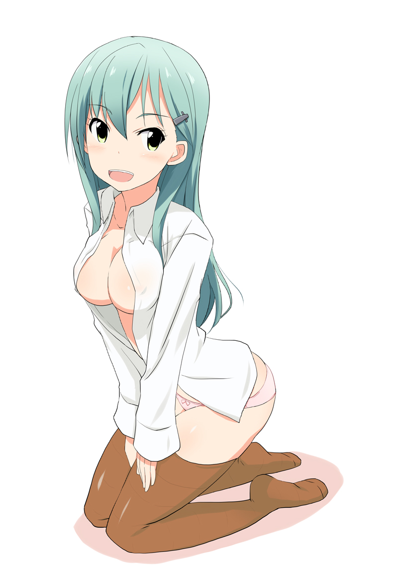 kugui kiyunemu, suzuya (kancolle), kantai collection, commentary request, 1girl, :d, blush, bow, bow panties, breasts, brown thighhighs, collarbone, collared shirt, covered erect nipples, dress shirt, full body, green eyes, green hair, hair between eyes, hair ornament, hairclip, kneeling, long hair, long sleeves, looking at viewer, medium breasts, open clothes, open mouth, open shirt, panties, pink bow, pink panties, shadow, shirt, sidelocks, simple background, smile, solo, teeth, thighhighs, underwear, upper teeth only, white background, white shirt