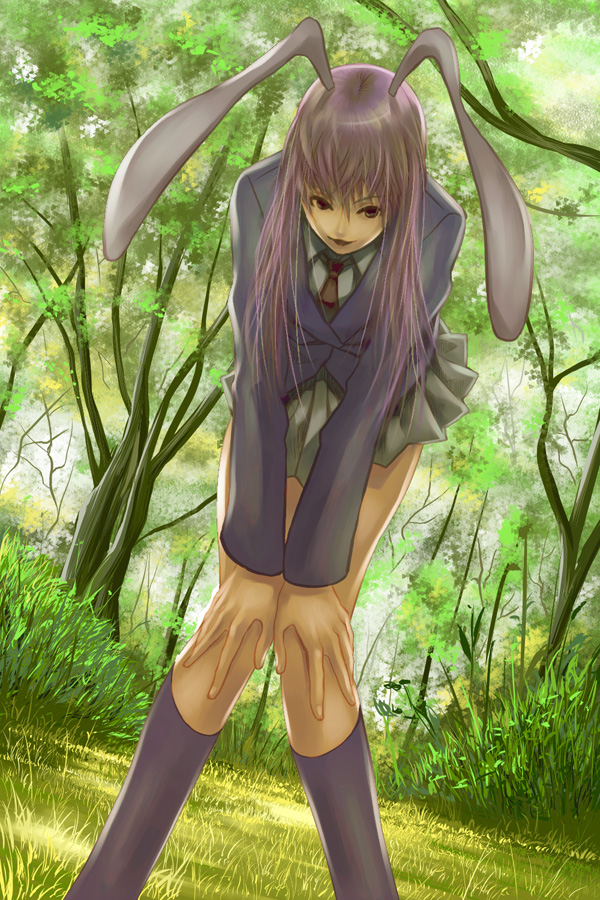 reisen udongein inaba, touhou, 1girl, animal ears, blazer, day, female focus, forest, jacket, long hair, nature, necktie, outdoors, plant, purple hair, rabbit ears, skirt, solo
