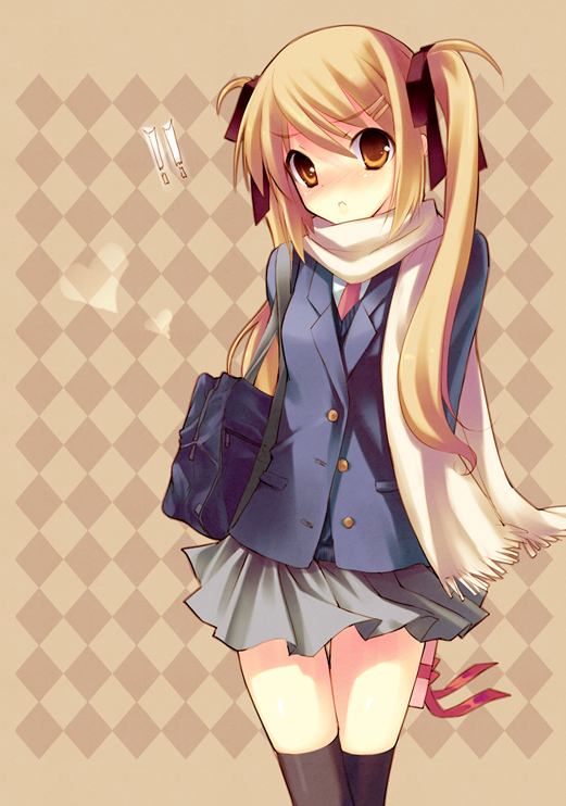 toranosuke, original, bad id, bad pixiv id, !, !!, 1girl, arms behind back, bag, black thighhighs, blazer, blonde hair, blush, female focus, frown, gift, hair ornament, hairclip, jacket, long hair, necktie, orange eyes, scarf, school bag, solo, thighhighs, twintails, very long hair, wavy mouth, zettai ryouiki
