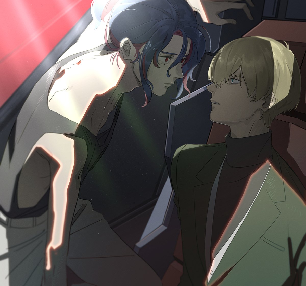 mrtoen, char aznable, shirouzu (gundam), shuji ito, gundam, gundam gquuuuuux, commentary request, 2boys, bare arms, black shirt, black tank top, blazer, blonde hair, blue eyes, blue hair, bowl cut, cockpit, colored inner hair, eye contact, face-to-face, green jacket, jacket, leaning forward, light particles, light rays, looking at another, multicolored hair, multiple boys, pants, ponytail, red eyes, serious, shirt, short ponytail, sunbeam, sunlight, tank top, turtleneck, wavy hair, white pants