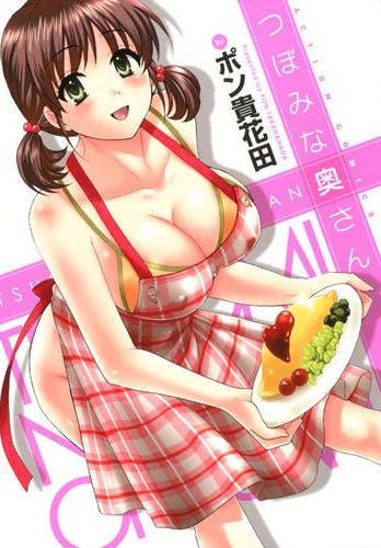 pon takahanada, lowres, 1girl, apron, bikini, bikini top only, breasts, brown hair, cover, cover page, female focus, food, green eyes, hair bobbles, hair ornament, large breasts, nearly naked apron, solo, swimsuit, twintails
