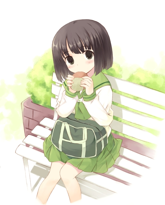 kurasuke, original, 1girl, bag, bench, black eyes, black hair, blush, bob cut, eating, female focus, food, looking at viewer, school bag, school uniform, senbei, serafuku, short hair, solo