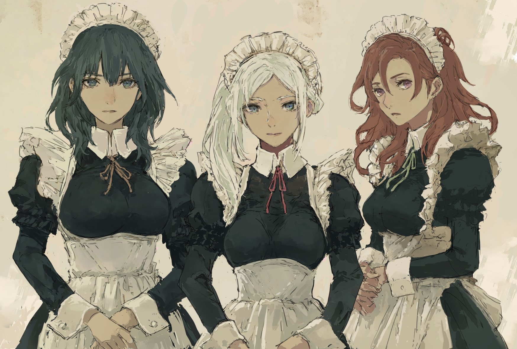 nutori manga, edelgard von hresvelg, female byleth (fire emblem), hapi (fire emblem), fire emblem, fire emblem: three houses, nintendo, commentary request, highres, 3girls, alternate costume, apron, black dress, blue eyes, breasts, brown hair, closed mouth, dress, enmaided, green hair, green ribbon, hair between eyes, large breasts, long sleeves, maid, maid apron, maid headdress, medium breasts, medium hair, multiple girls, neck ribbon, orange ribbon, puffy long sleeves, puffy sleeves, red ribbon, ribbon, side ponytail, smile, white hair