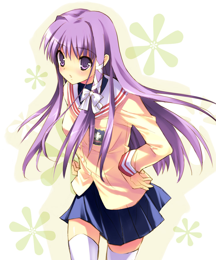toranosuke, fujibayashi kyou, clannad, bad id, bad pixiv id, 00s, hair ribbon, hands on own hips, long hair, purple eyes, purple hair, ribbon, school uniform, solo, thighhighs, very long hair, white thighhighs, zettai ryouiki