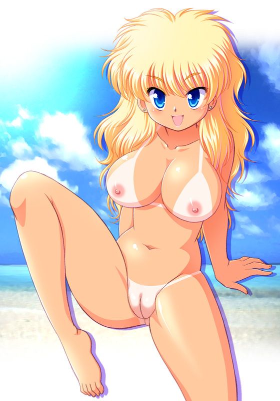 tanuki yousuke, 1girl, barefoot, beach, blonde hair, blue eyes, breasts, cleft of venus, earrings, female focus, jewelry, long hair, nude, open mouth, pussy, solo, tan, tanline