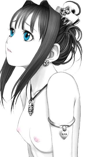 original, bad tag, looking away, 1girl, armband, blue eyes, breasts, collarbone, comb, earrings, female focus, jewelry, looking up, necklace, nipples, nude, parted lips, partially colored, short hair, simple background, small breasts, solo, upper body, white background