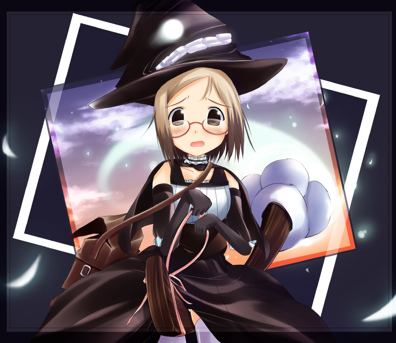 m.h, sakuragi matsuri, ichigo mashimaro, bag, blonde hair, blush, broom, brown eyes, capelet, child, detached sleeves, elbow gloves, glasses, gloves, handbag, hat, solo, thighhighs, white thighhighs, witch hat