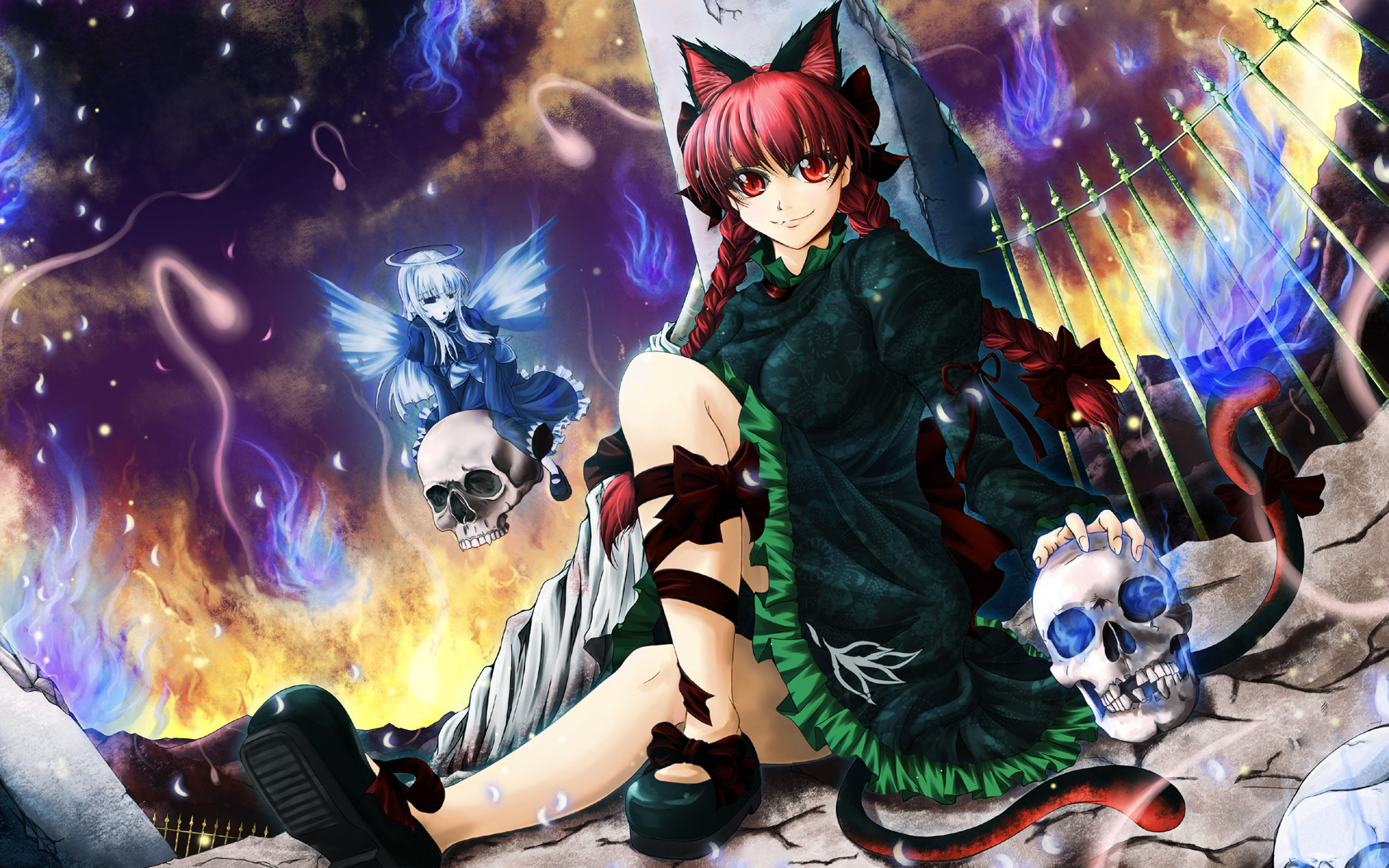 jyun, kaenbyou rin, zombie fairy (touhou), touhou, highres, 2girls, animal ears, braid, cat ears, cat girl, cat tail, female focus, hair ribbon, multiple girls, red eyes, red hair, ribbon, short hair, sitting, skull, tail, twin braids, twintails, wings