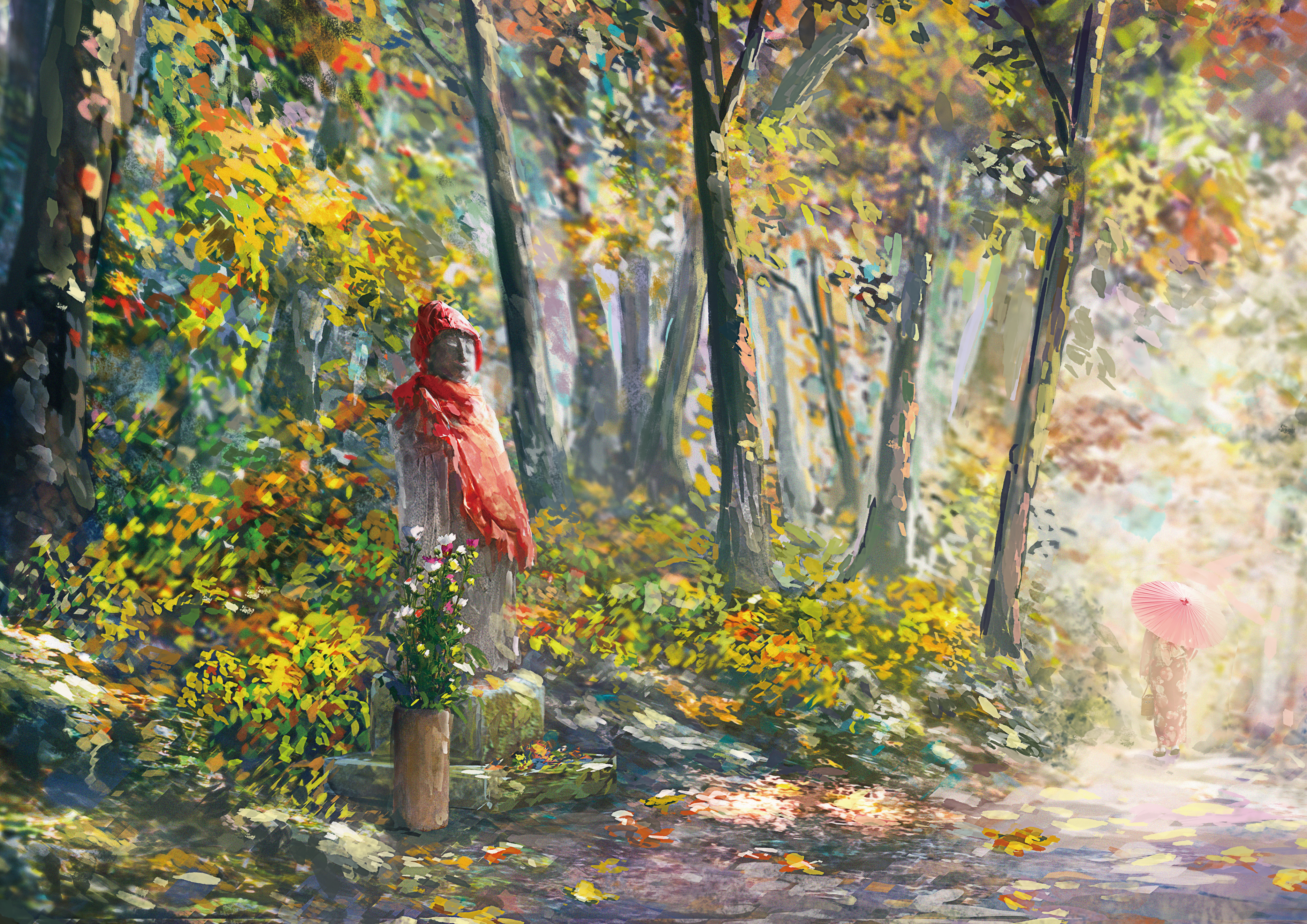 zaq (pgvc4472), original, absurdres, commentary request, highres, 1other, ambiguous gender, day, floral print, floral print kimono, flower, forest, japanese clothes, kimono, nature, oil-paper umbrella, outdoors, print kimono, scenery, standing, statue, tree, umbrella, vase, wide shot