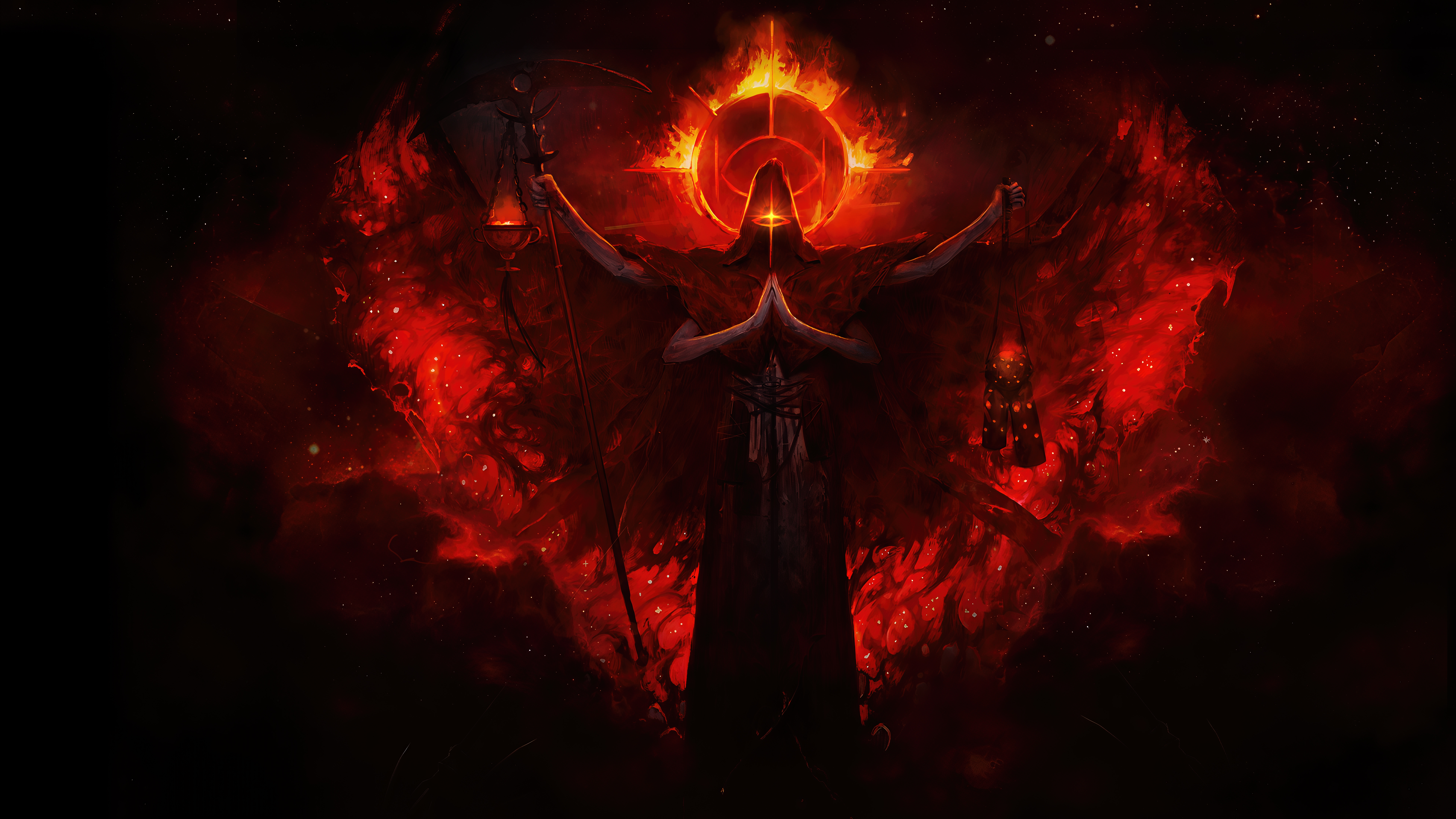 path of exile, absurdres, highres, non-web source, crown, dark, fire, searing exarch, solo, weapon
