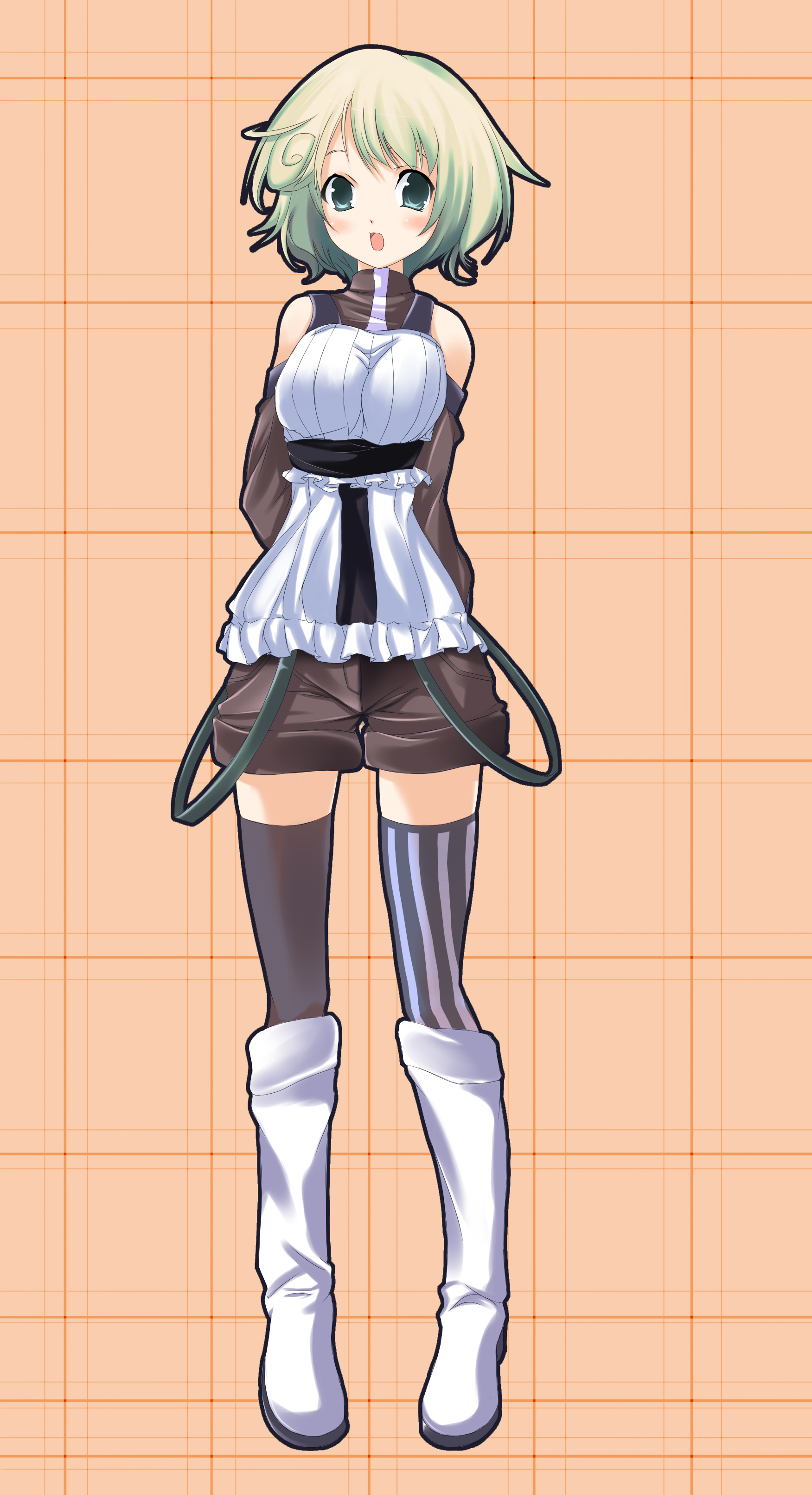 m.h, original, absurdres, highres, blush, boots, detached sleeves, green eyes, green hair, short hair, solo, thighhighs