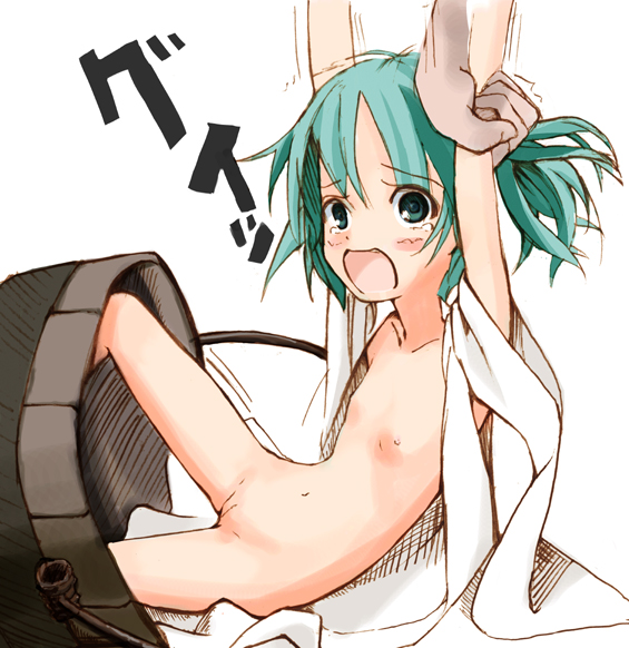 tie-zero, kisume, touhou, 1boy, 1girl, bucket, dragging, female focus, flat chest, green hair, hetero, in bucket, in container, loli, looking at viewer, nipples, nude, open mouth, pulling, pussy, trembling, wooden bucket, you gonna get raped