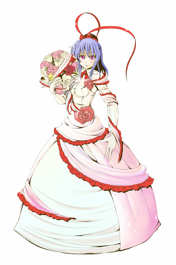 jyun, nagae iku, touhou, 1girl, blue hair, bride, dress, elbow gloves, female focus, flower, frills, full body, gloves, gown, hat, pink eyes, plant, short hair, simple background, solo, wedding dress, white background
