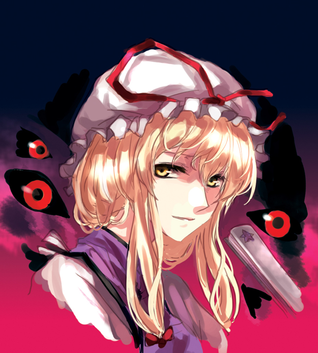 irua, yakumo yukari, touhou, bad id, bad pixiv id, 1girl, blonde hair, female focus, folded fan, folding fan, gap (touhou), hand fan, hat, ribbon, solo, yellow eyes