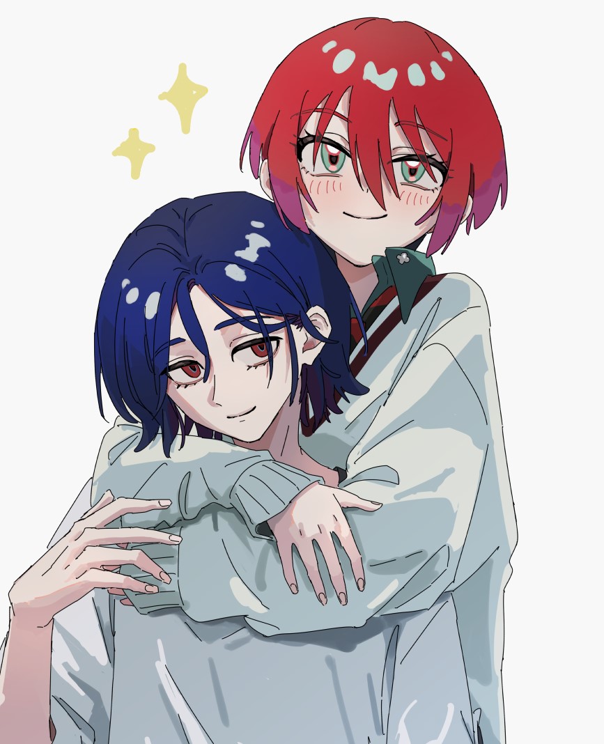 o6nuqm, amate yuzuriha, shuji ito, gundam, gundam gquuuuuux, commentary, 1boy, 1girl, aqua eyes, aqua shirt, arms around neck, blue hair, blush, colored inner hair, hair between eyes, hug, hug from behind, long sleeves, looking at viewer, multicolored eyes, multicolored hair, red eyes, red hair, school uniform, shirt, short hair, smile, smirk, smug, sparkle, sparkling aura, sweater, two-tone eyes, two-tone hair, wavy hair, white background, white shirt, white sweater