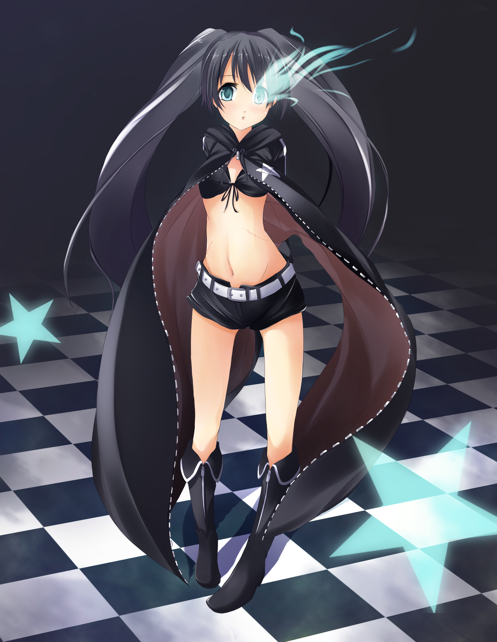 m.h, black rock shooter (character), hatsune miku, black rock shooter, vocaloid, highres, 10s, 1girl, belt, bikini, bikini top only, black boots, black hair, blue eyes, boots, cape, checkered floor, female focus, flat chest, glowing, glowing eyes, long hair, midriff, navel, perspective, scar, shorts, solo, star (symbol), swimsuit, twintails, very long hair