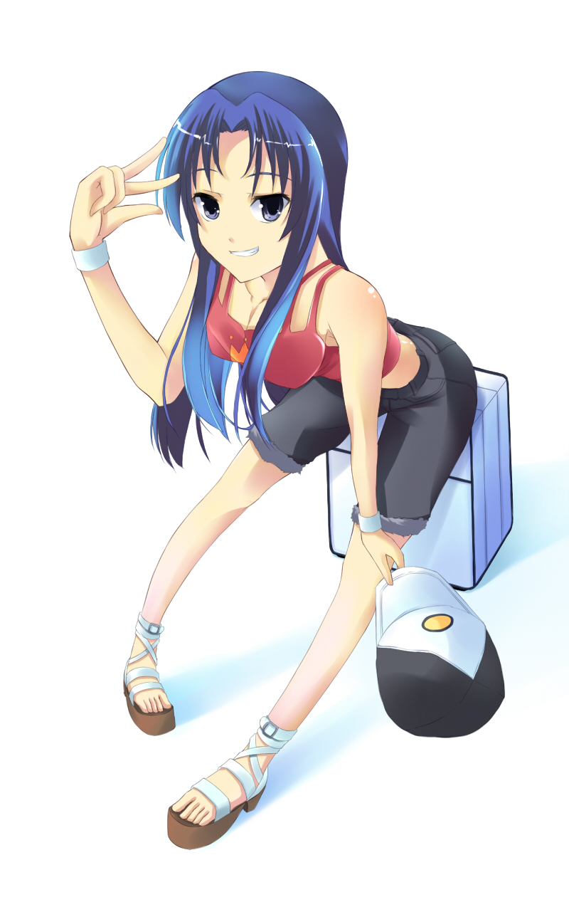 m.h, kawashima ami, toradora!, platform footwear, highres, 00s, 1girl, baseball cap, blue eyes, blue hair, denim, denim shorts, female focus, hat, leaning forward, long hair, matching hair/eyes, midriff, narrow waist, platform sandals, sandals, shorts, sitting, smile, solo, tank top, tomboy, v, wristband