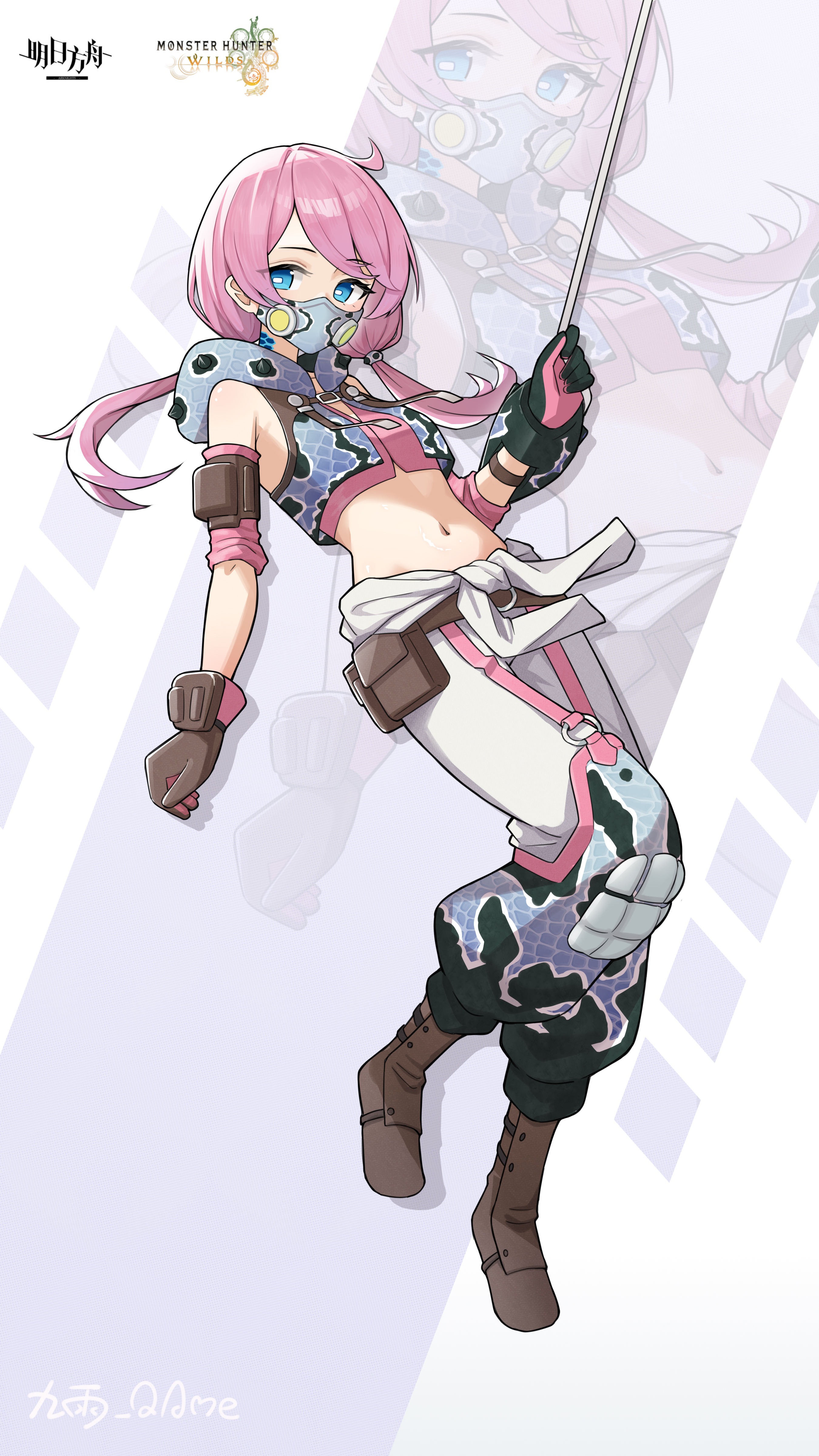 jiuyu qame, blue poison (arknights), arknights, monster hunter (series), monster hunter wilds, absurdres, chinese commentary, commentary request, highres, 1girl, ankle boots, artist name, asymmetrical gloves, bare shoulders, black gloves, blue eyes, boots, bright pupils, brown boots, brown gloves, copyright name, covered mouth, crop top, cropped vest, full body, gloves, grey vest, hair tie, holding, hood, hood down, hooded vest, hoodie, mask, mismatched gloves, navel, o-ring, pants, pink gloves, pink hair, pink vest, pouch, respirator, solo, spiked hood, stomach, twintails, vest, white pants, white pupils, zoom layer