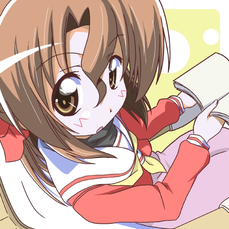 segawa haruna, maria (hayate no gotoku!), hayate no gotoku!, bad id, 00s, 1girl, book, brown eyes, brown hair, female focus, folded ponytail, from above, looking up, school uniform, solo