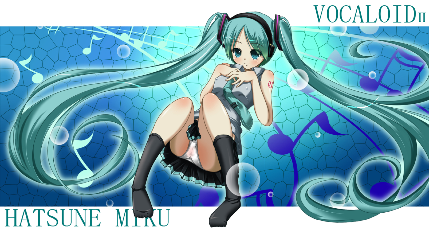 hoihoisan2, hatsune miku, vocaloid, bad id, bad pixiv id, 1girl, aqua eyes, aqua hair, bad anatomy, bad feet, blush, breasts, covered erect nipples, feet, female focus, long hair, musical note, necktie, panties, poorly drawn, see-through clothes, skirt, small breasts, socks, solo, twintails, underwear, very long hair