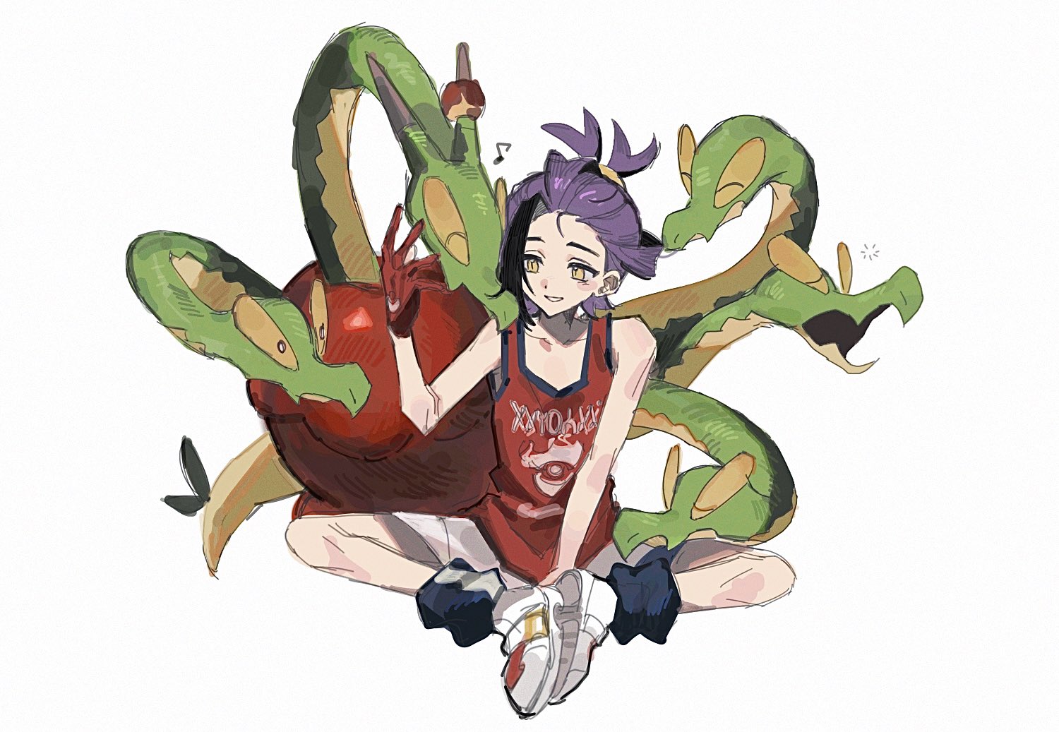 pokesol 1083, hydrapple, kieran (pokemon), nintendo, pokemon, pokemon sv, commentary request, korean commentary, 1boy, black hair, blue socks, blush, closed eyes, colored sclera, gloves, male focus, multicolored hair, musical note, open mouth, pokemon (creature), purple hair, red gloves, red tank top, shoes, shorts, simple background, single glove, sitting, socks, squeans, tank top, white background, white shoes, white shorts, yellow eyes, yellow sclera