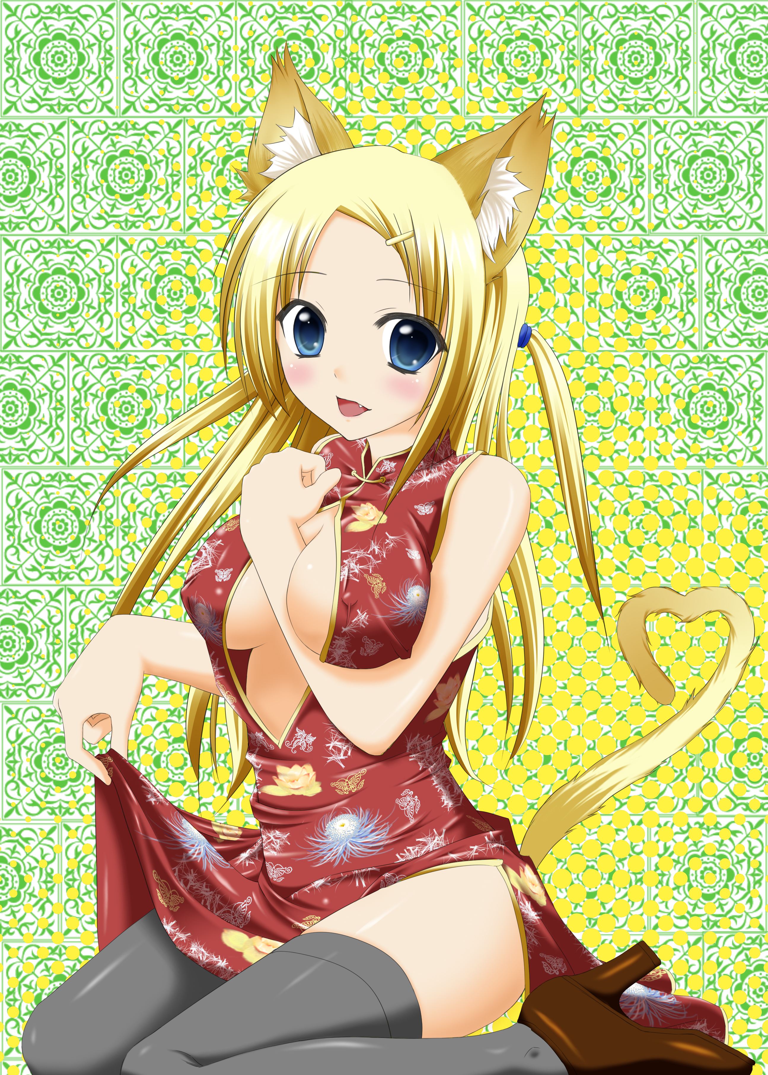 uni (plastic girl), uni keitai, carina verritti, shukufuku no campanella, absurdres, bad id, bad pixiv id, highres, animal ears, blonde hair, blue eyes, blush, china dress, chinese clothes, cleavage cutout, clothing cutout, dress, solo, tail, thighhighs