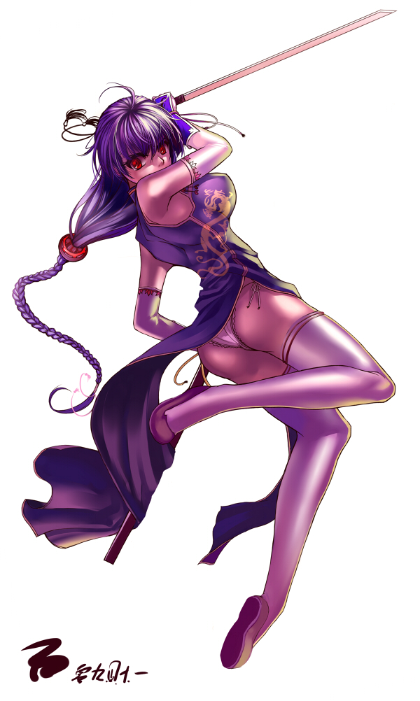 miyazakisoul, original, bad id, bad pixiv id, ass, braid, china dress, chinese clothes, dress, elbow gloves, gloves, panties, solo, sword, thighhighs, underwear, weapon