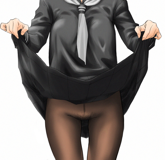 ainet c, original, bad id, bad pixiv id, 1girl, black pantyhose, clothes lift, crotch seam, female focus, female pubic hair, no panties, pantyhose, pubic hair, school uniform, skirt, skirt lift, solo