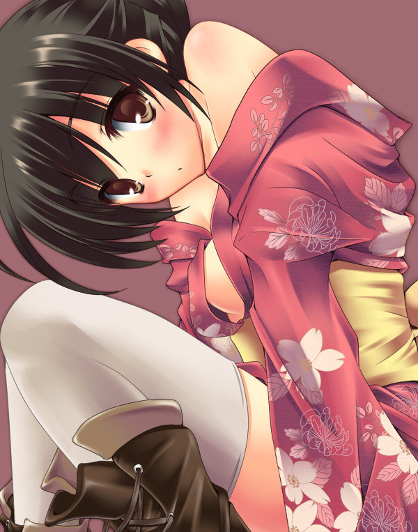nanashi (soregashi), original, 1girl, black hair, blush, brown eyes, female focus, japanese clothes, kimono, red kimono, solo, thighhighs, yukata
