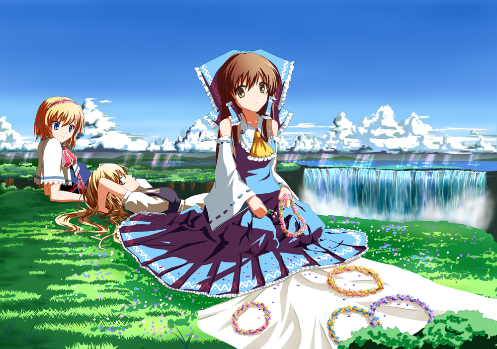 kuroi hitsuji, alice margatroid, hakurei reimu, kirisame marisa, immaterial and missing power, touhou, bad id, bad pixiv id, 3girls, alternate color, blonde hair, blue eyes, brown hair, crown, detached sleeves, female focus, hairband, head wreath, japanese clothes, lying, miko, multiple girls, on back, sitting, yellow eyes