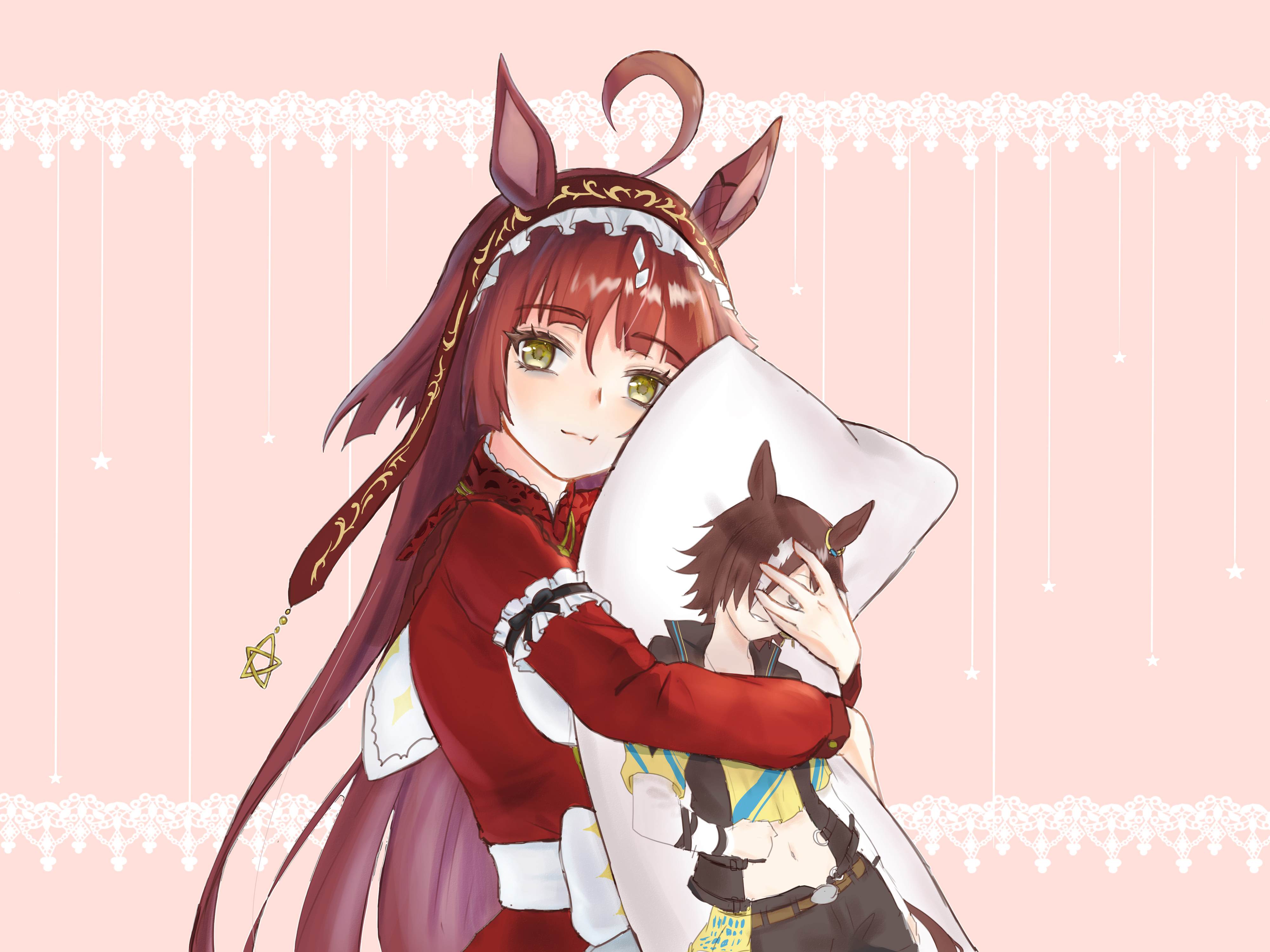 red desire (umamusume), vodka (umamusume), vodka (wild top gear) (umamusume), umamusume, absurdres, highres, 1272718735, 1girl, ahoge, animal ears, blunt bangs, blunt ends, boots, brown hair, character pillow, dakimakura (object), dress, green eyes, hairband, horse ears, horse girl, hugging object, long hair, long sleeves, pillow, pillow hug, red dress, red hairband, solo, very long hair, white boots