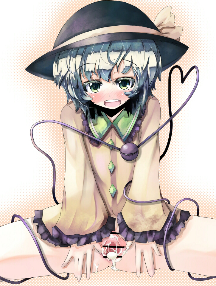 tora, tora (torayarou), komeiji koishi, touhou, 1girl, aftersex, censored, cum, cum in pussy, female focus, green eyes, hat, heart, heart of string, pussy, short hair, solo, spread legs, spread pussy, spreading own pussy