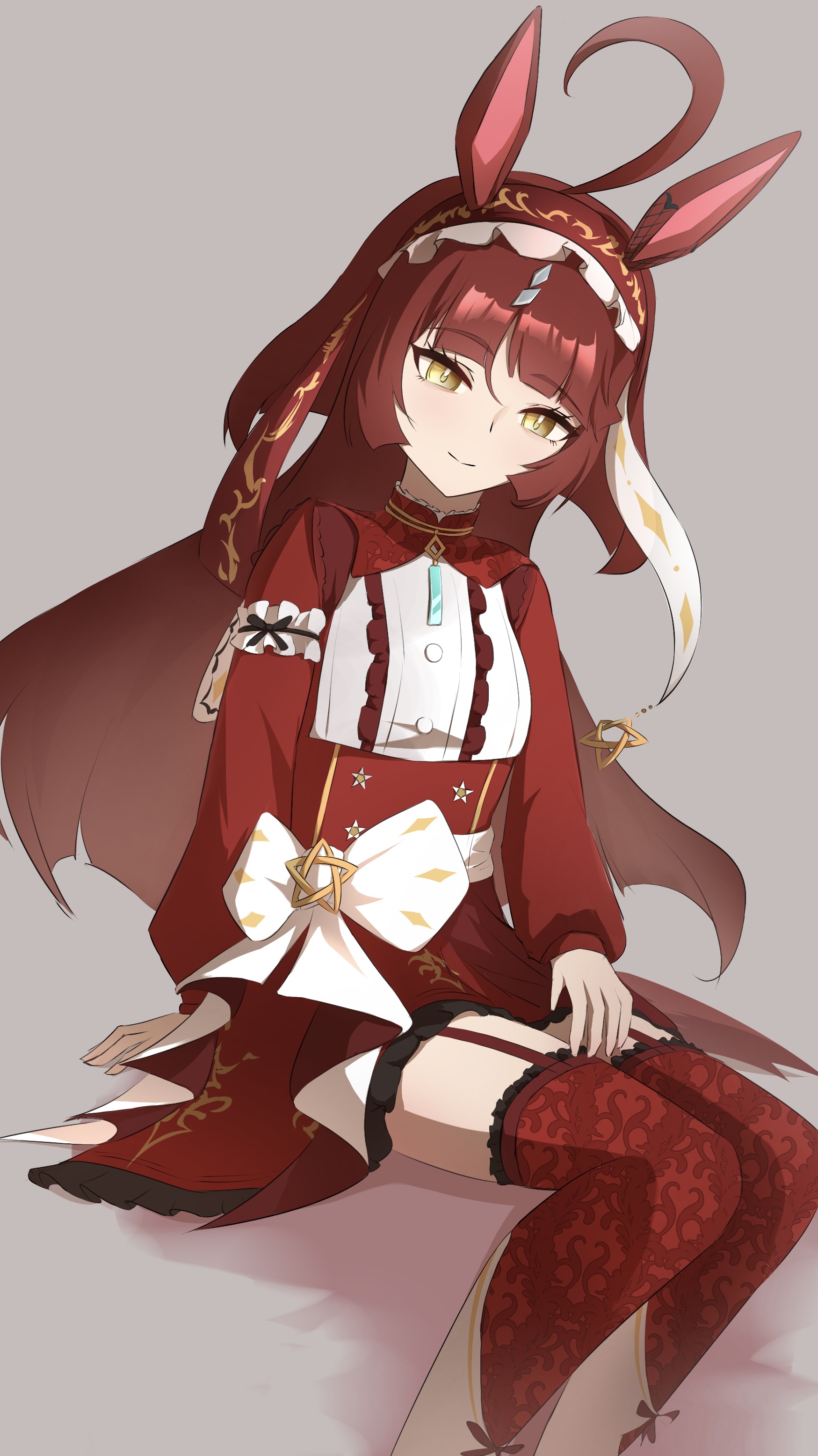 pilinthia, red desire (umamusume), umamusume, absurdres, highres, 1girl, ahoge, animal ears, blunt bangs, blunt ends, closed mouth, collared dress, dress, flat chest, garter straps, grey background, hairband, horse ears, horse girl, horse tail, long hair, long sleeves, red dress, red hair, red hairband, red thighhighs, simple background, sitting, smile, solo, tail, thighhighs, very long hair, yellow eyes, zettai ryouiki