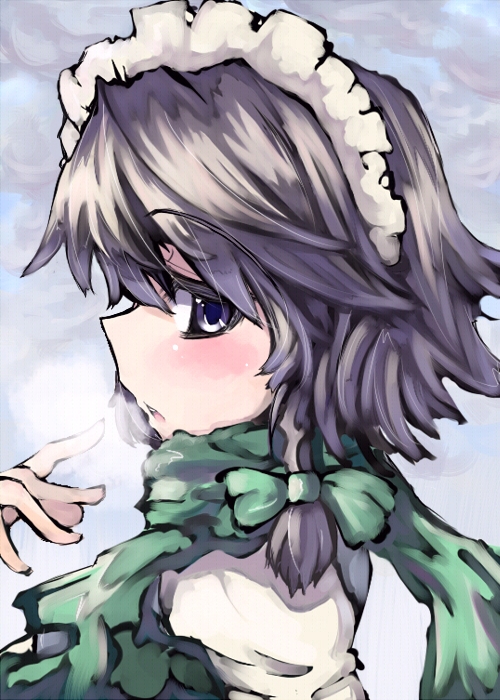 tora, tora (torayarou), izayoi sakuya, perfect cherry blossom, touhou, silver hair, 1girl, braid, breath, female focus, hair ribbon, maid, ribbon, scarf, short hair, solo, twin braids