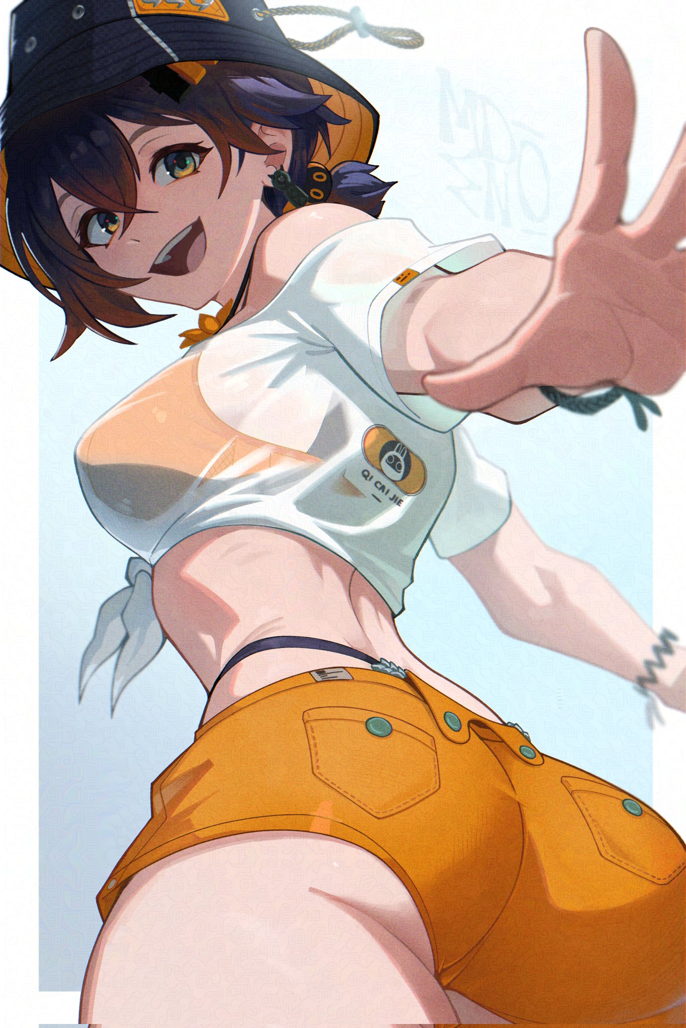 mendo0821, belle (summer skies) (zenless zone zero), belle (zenless zone zero), zenless zone zero, commentary, english commentary, highres, 1girl, ass, bikini, bikini bottom under shorts, bikini top under shirt, bikini under clothes, bucket hat, fish hat, hat, official alternate costume, orange bikini, orange shorts, see-through clothes, see-through shirt, shirt, shorts, solo, swimsuit, tied shirt