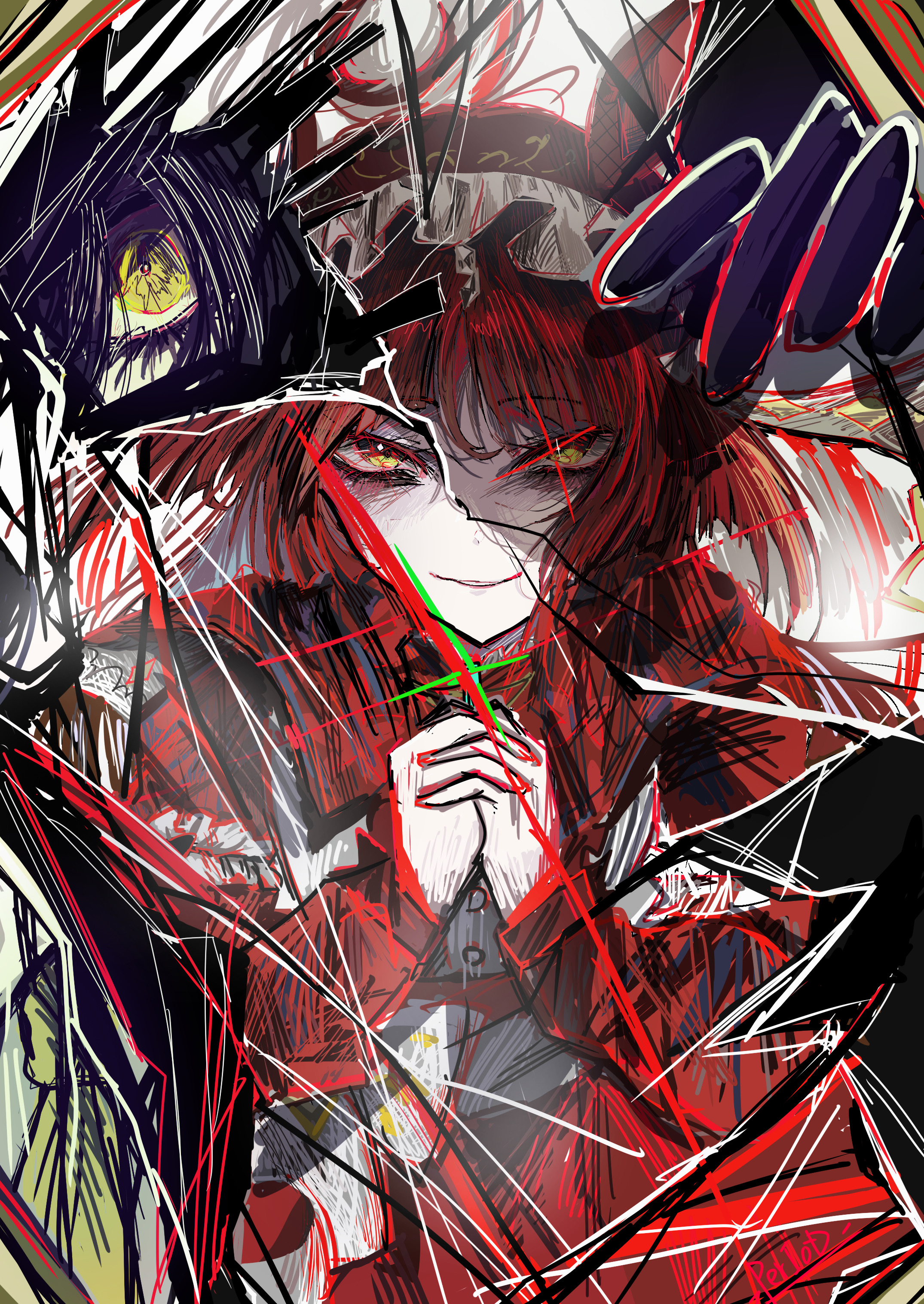 period ky88, manhattan cafe (umamusume), red desire (umamusume), umamusume, absurdres, highres, 2girls, black gloves, dress, eye glitter, frilled hairband, frills, gloves, hair between eyes, hairband, long hair between eyes, long sleeves, multiple girls, own hands clasped, own hands together, red dress, red hair, red hairband, ribbon, solo, solo focus, yellow eyes, yellow ribbon