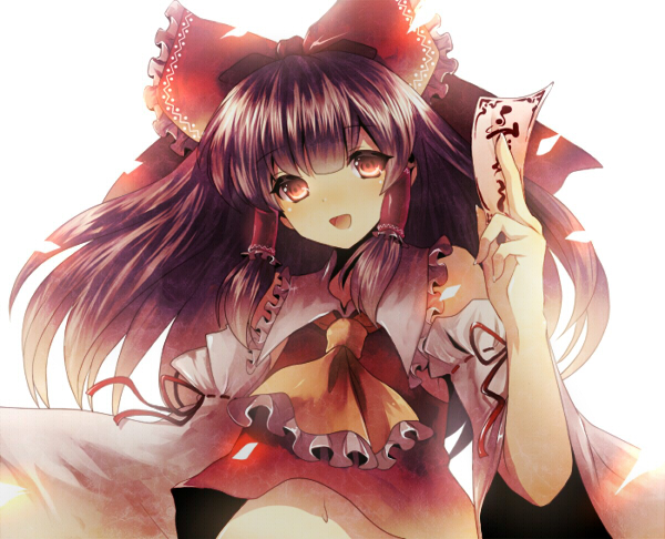 higashi yuzu, yuzu (artist), hakurei reimu, touhou, 1girl, brown hair, female focus, navel, red eyes, ribbon, solo, upper body, white background