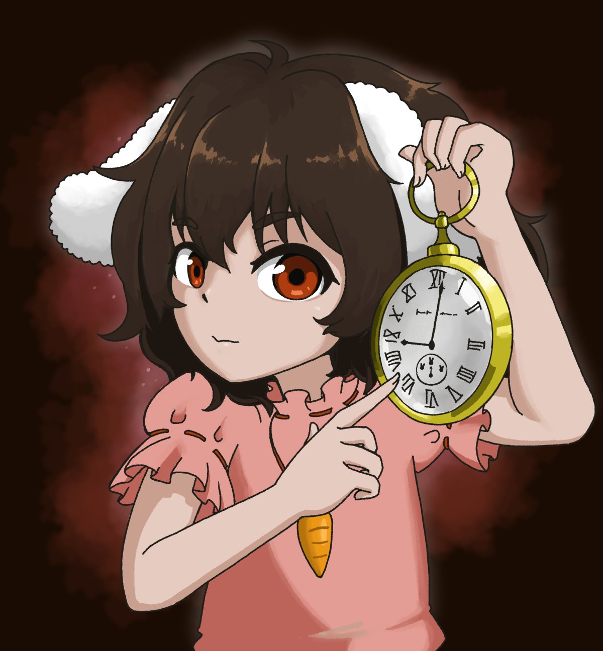 ttzl, inaba tewi, white rabbit (alice in wonderland), alice's adventures in wonderland, touhou, highres, 1girl, animal ears, black hair, brown background, carrot, carrot necklace, closed mouth, cosplay, dress, fang, floppy ears, gradient background, hair between eyes, hand up, holding, holding pocket watch, index finger raised, jewelry, looking at viewer, meme, necklace, pendant, pink dress, pocket watch, pointing, pointing at object, puffy short sleeves, puffy sleeves, rabbit ears, rabbit girl, red eyes, ribbon-trimmed sleeves, ribbon trim, roman numeral, short hair, short sleeves, skin fang, solo, upper body, watch, wavy hair, white rabbit (alice in wonderland) (cosplay), white rabbit pointing at a clock (meme)