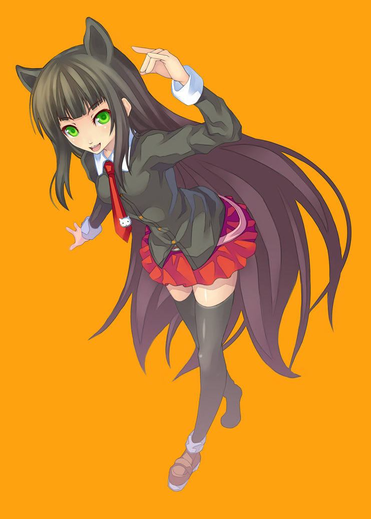 aka, aka (shoumae), original, bad id, bad pixiv id, animal ears, black hair, green eyes, legs, long hair, necktie, school uniform, skirt, solo, thighhighs